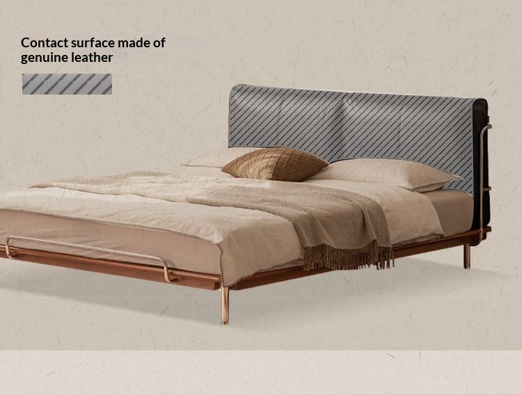 Genuine Leather Bauhaus Style Double Bed with Top Grain Cowhide Soft Backrest