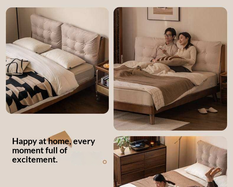 Rubberwood Solid Wood Bed with Oversized Soft Pillow Headboard
