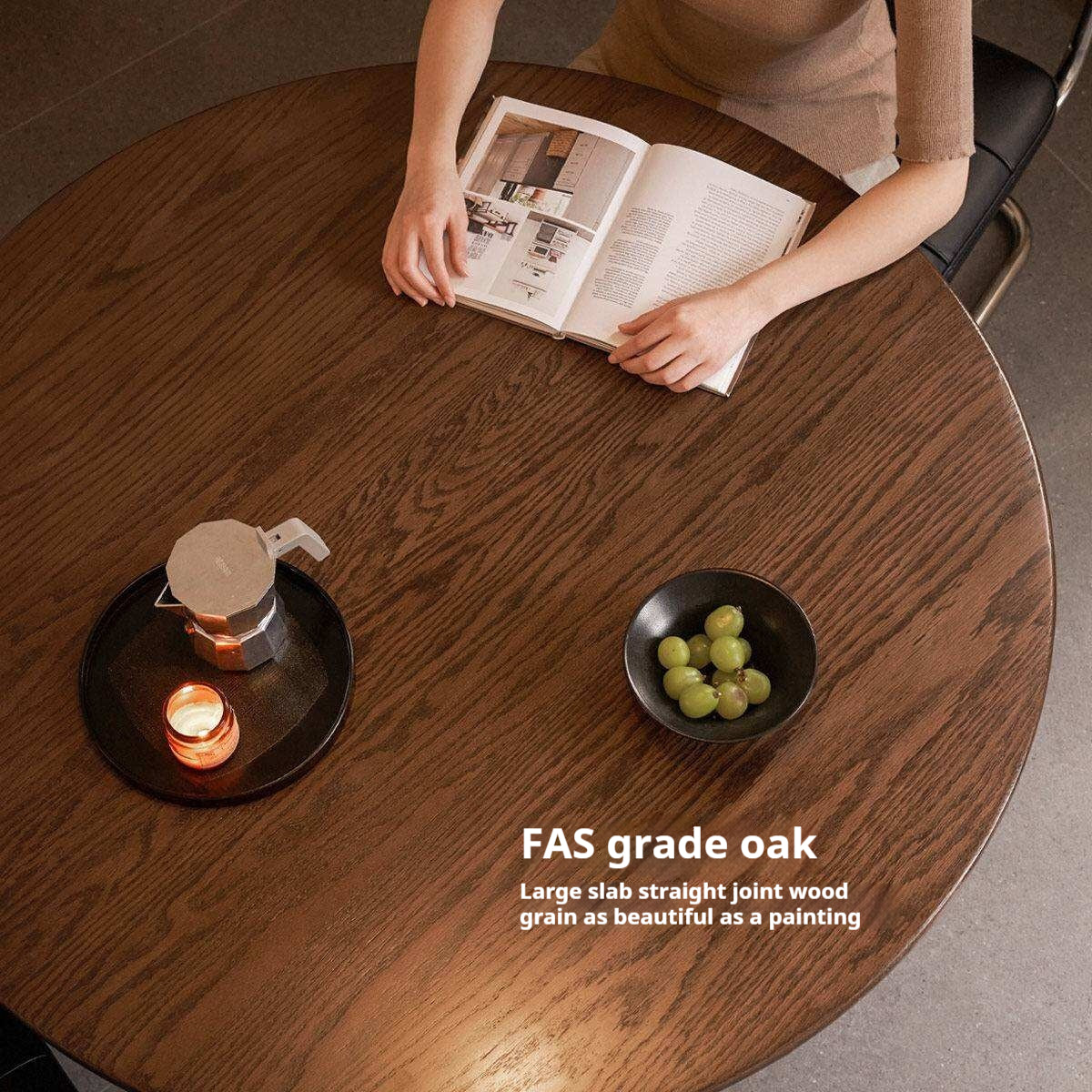 Oak Solid Wood Round Dining Table with Walnut-Stained Base