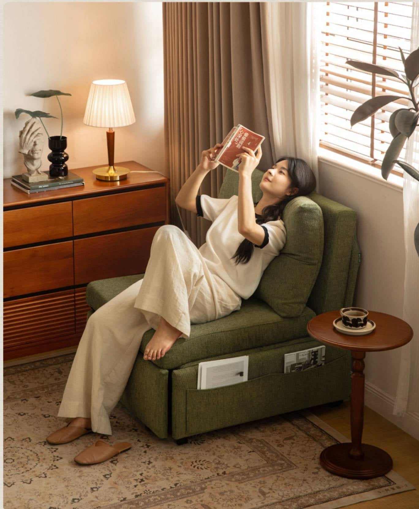 Fabric Convertible Sleeper Chair with Side Storage Pocket