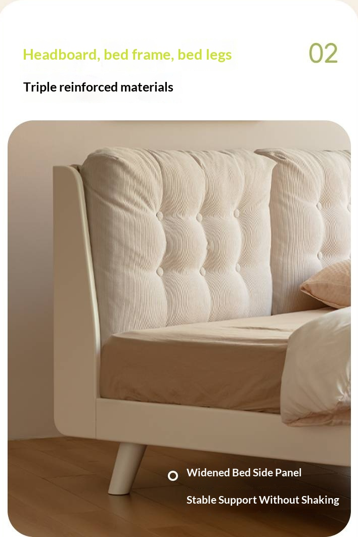 Oak, Rubberwood Solid Bed with Cream Finish — Casual Bedside with Soft Bag Backrest and White Soft Back
