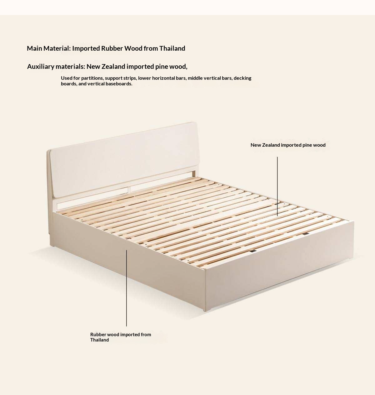 Rubberwood Solid Wood White Cream Gas Lift Storage Bed