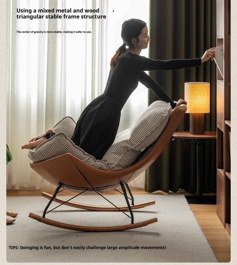 Beech Solid Wood Mid-Century Rocking Accent Chair with Houndstooth Cushion