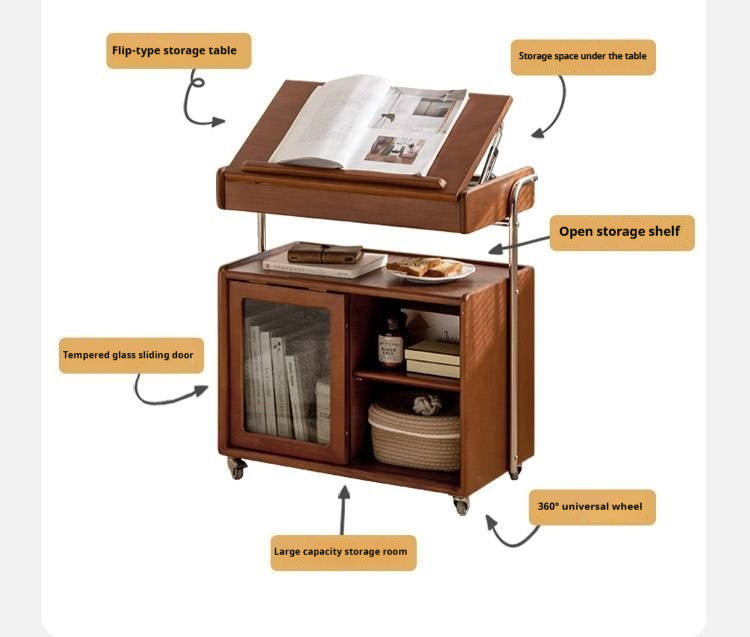 Poplar, Tulipwood, Oak Solid Wood Adjustable Lift-Top Mobile Side Cabinet with Fluted Glass Door and Integrated Reading Table Design