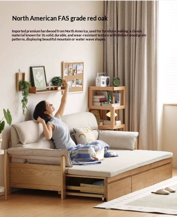 Oak Solid Wood Sofa Bed with Under-Seat Storage Drawers