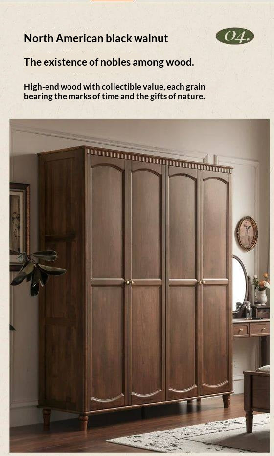 Black Walnut Solid Wood Wardrobe with American Retro Style and Light Luxury Finish
