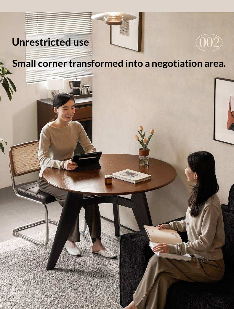 Oak Solid Wood Round Dining Table with Walnut-Stained Base