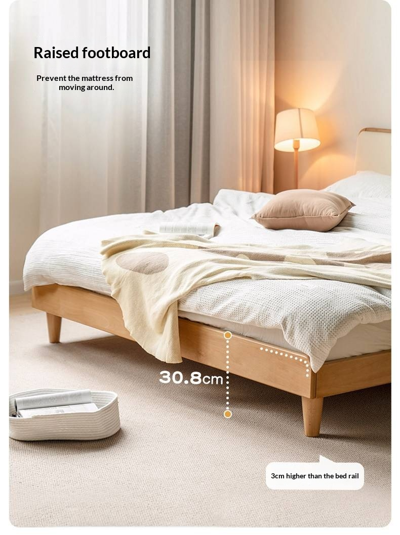 European Beech Solid Wood Bed — Soft Headboard, Simple Upholstered Light Luxury Bed