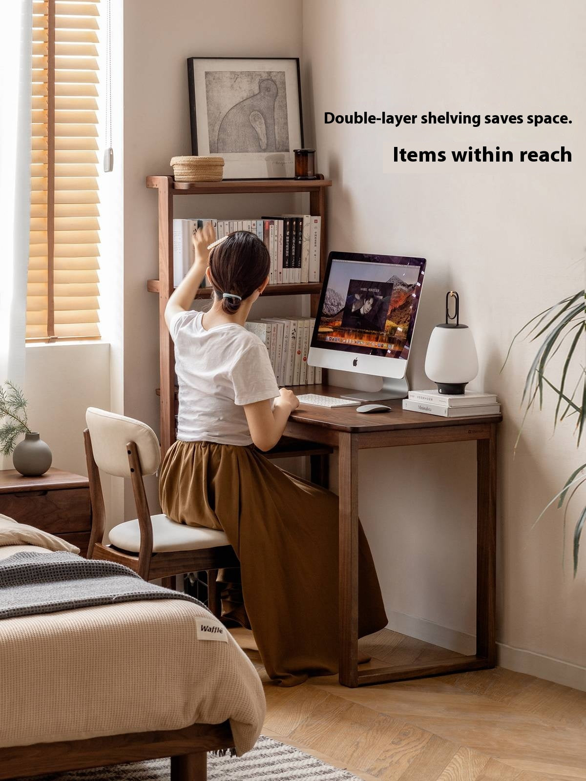 Black Walnut, Ash Solid Wood Desk Bookshelf Integrated