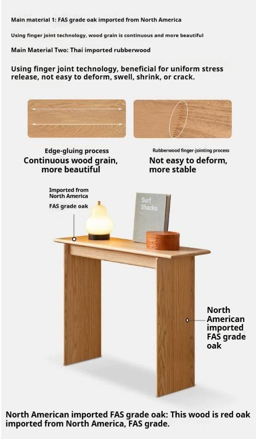 Oak, Solid Rubber Wood Narrow Console Table with Storage Shelf, Slim Entryway Bench Table