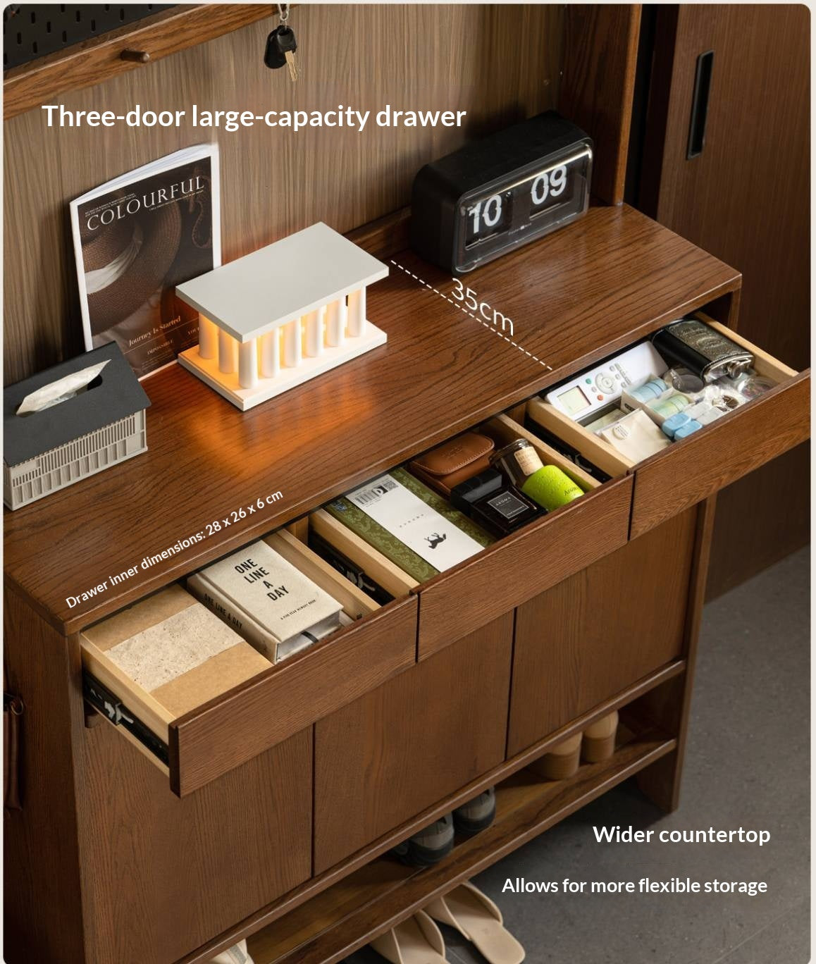 Oak Solid Wood Large Entryway Shoe Cabinet with Pegboard Hutch and Drawers, Walnut Finish
