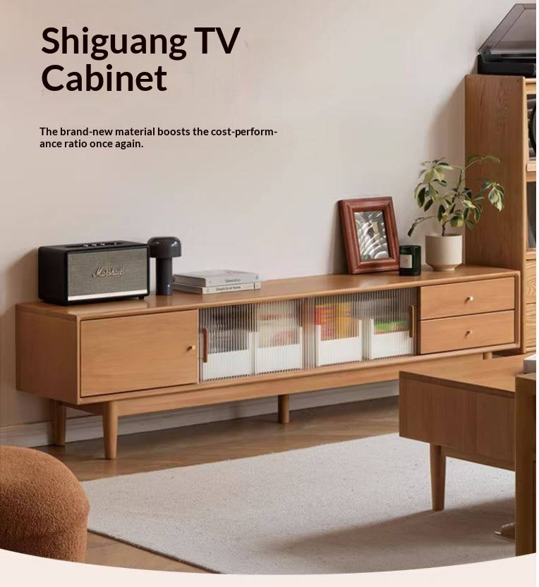 Poplar Solid Wood Glass Sliding Door Storage TV cabinet.