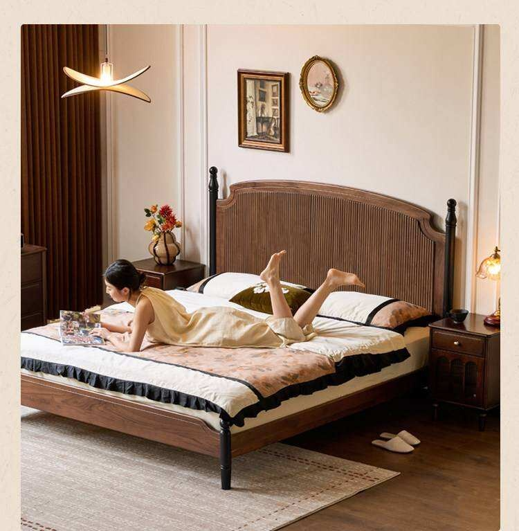 Black Walnut Solid Wood Bed with Reeded Arched Headboard and Turned Corner Posts