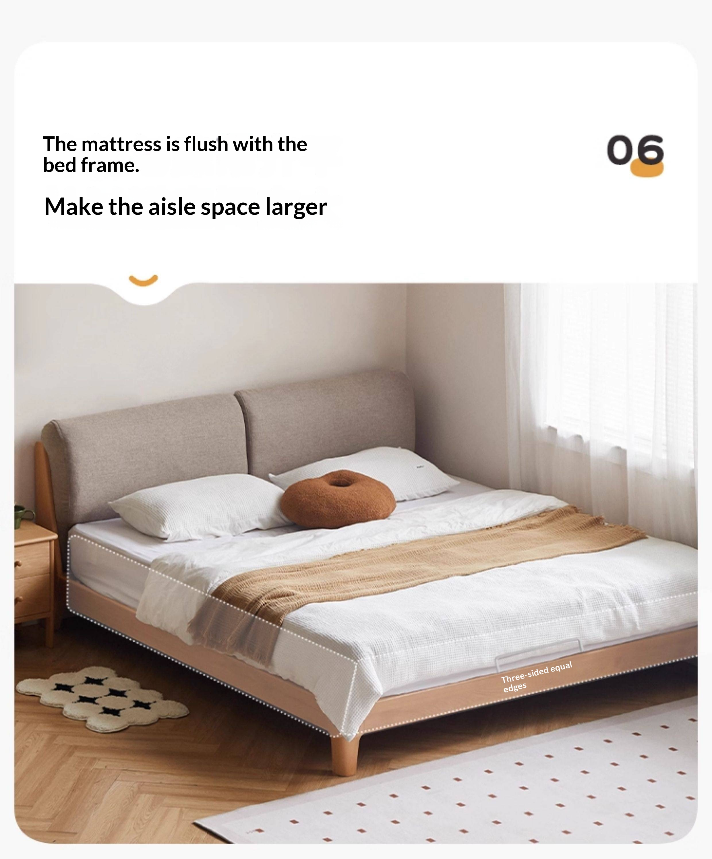 Beech Solid Wood Upholstered King Bed — Soft Headboard with Fabric Upholstery