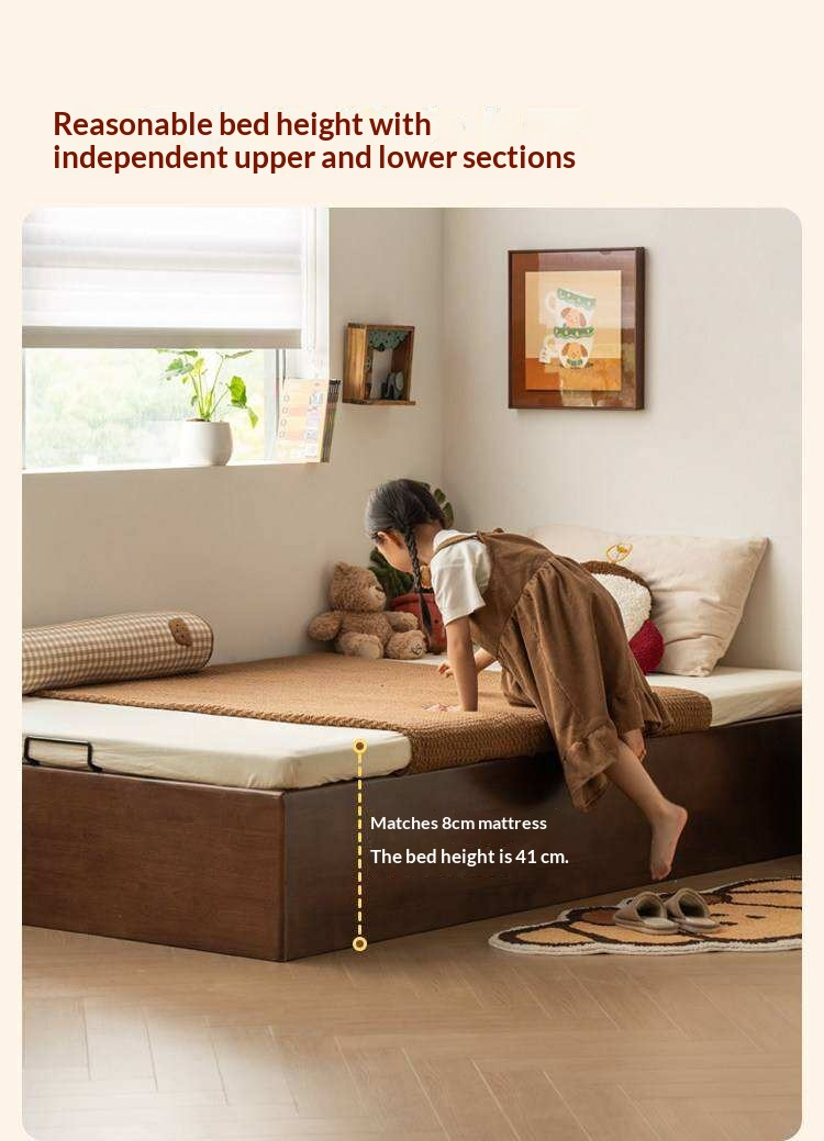 Rubberwood Solid Wood Storage Bed with No Headboard and Side-Opening Lid