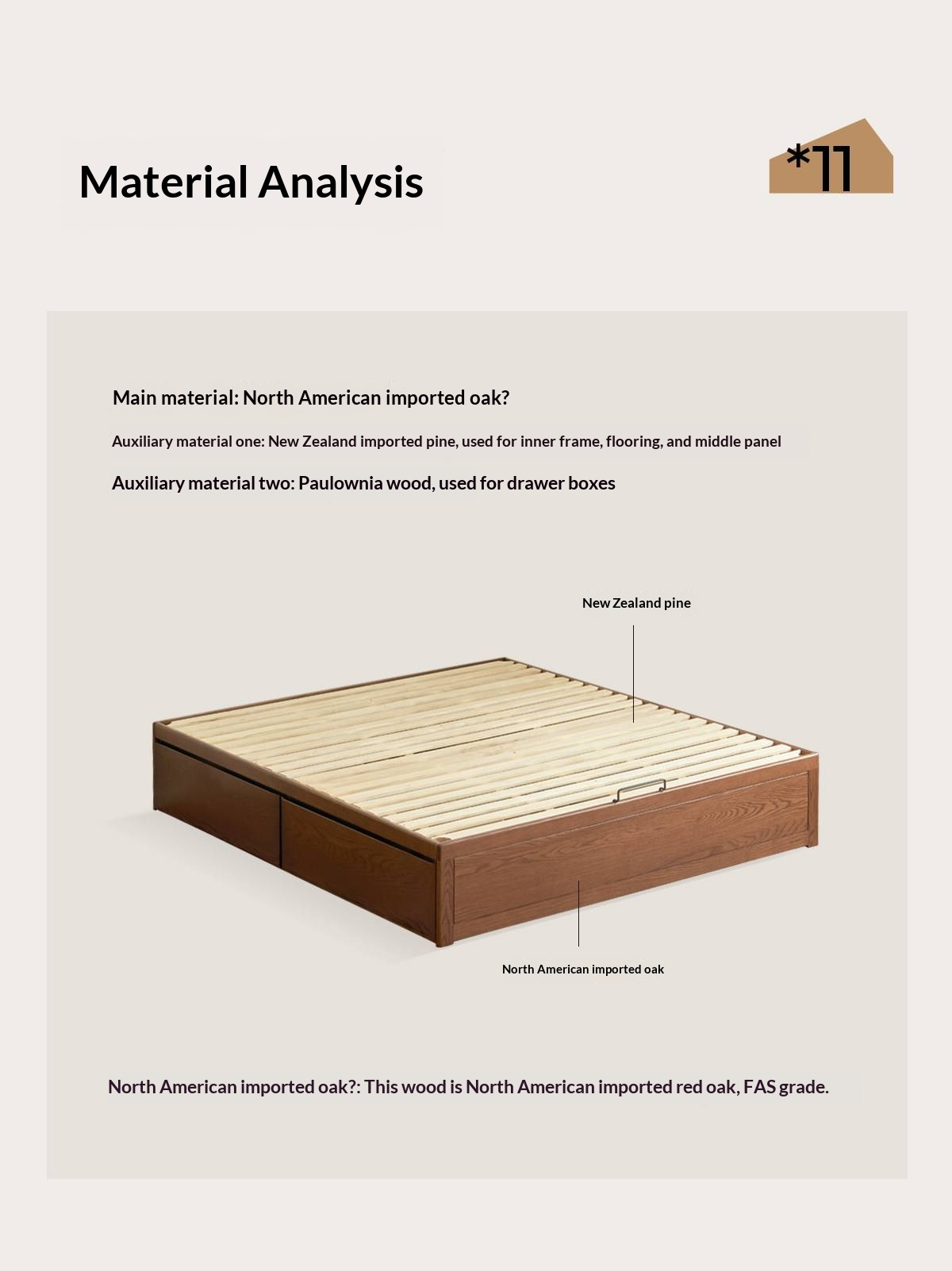 Oak Solid Wood Storage Platform Bed with Drawers, Walnut Color