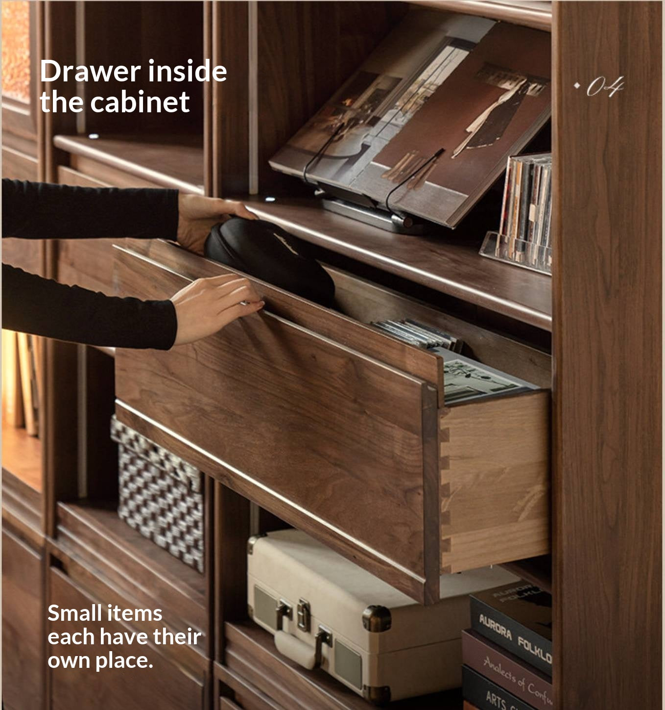 Black Walnut, Solid Sandalwood Arched Vintage Bookcase with Glass Door and Storage Drawer