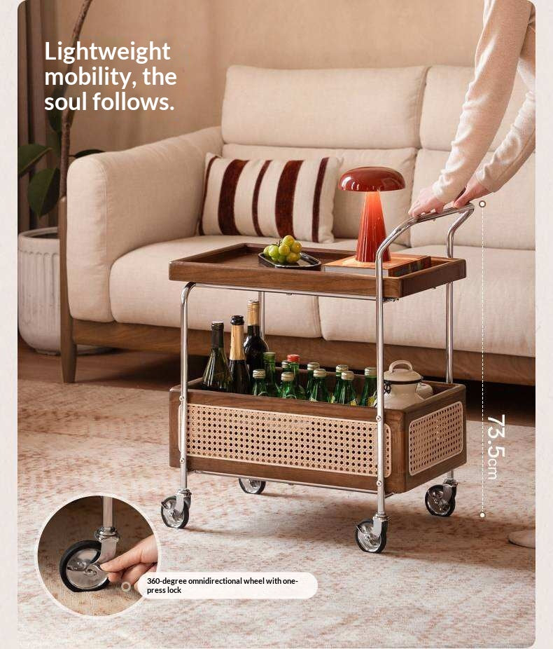 Oak Solid Wood Side Table with Double Layer Storage and Mobile Trolley