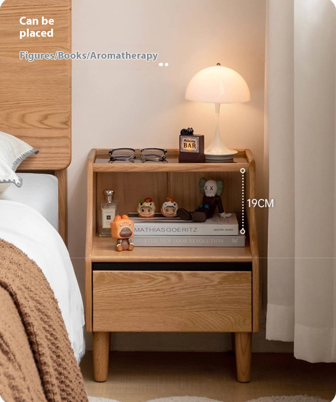 Solid RubberWood, Oak Solid Wood Nightstand with Glass Door with Storage
