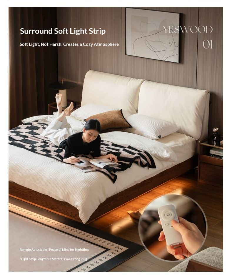 Oak Solid Wood Box Bed — Italian Light Luxury with Soft Genuine leather Backrest