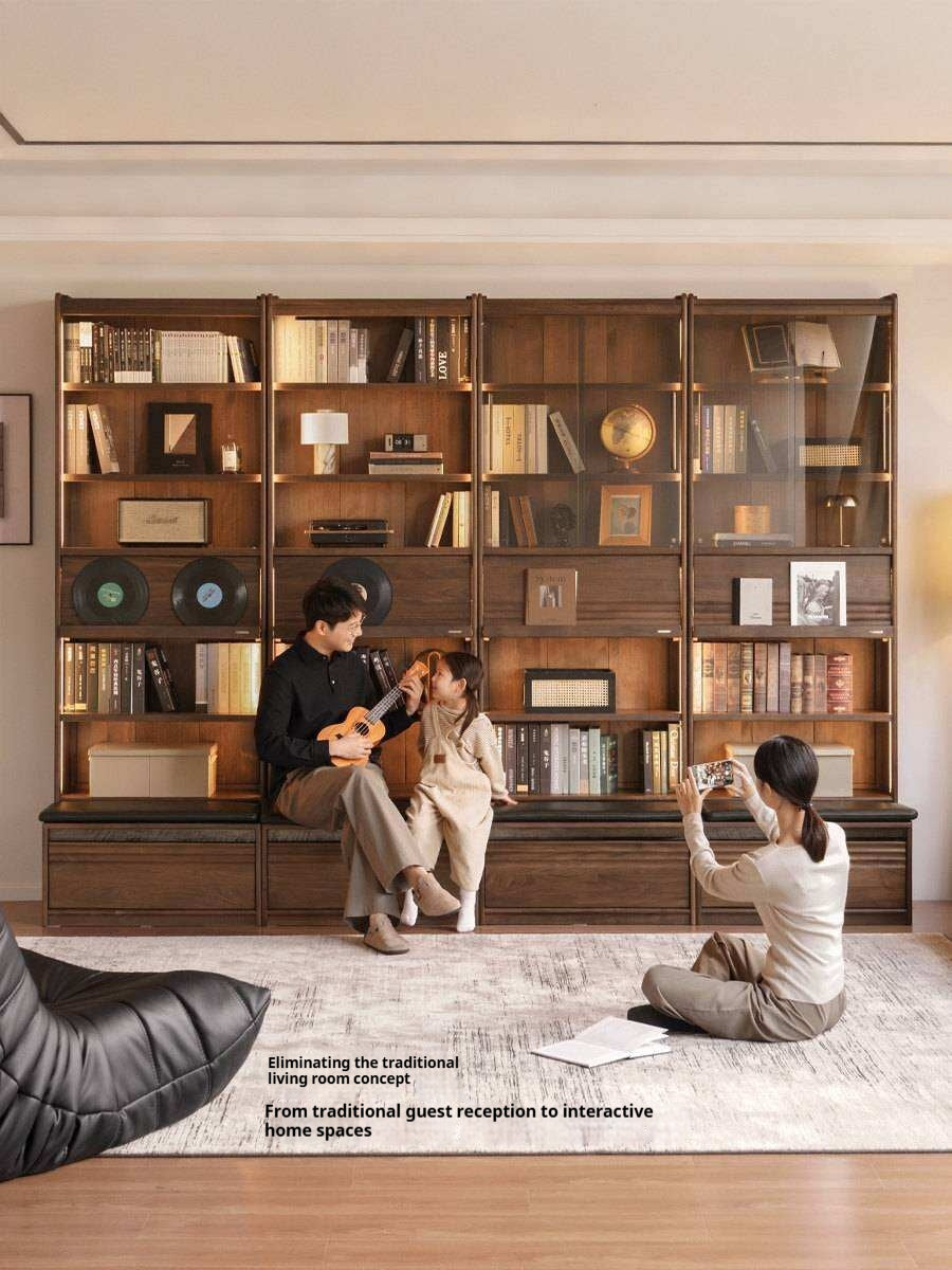 Black Walnut Solid Wood Integrated Wall Bookcase with Floor Display