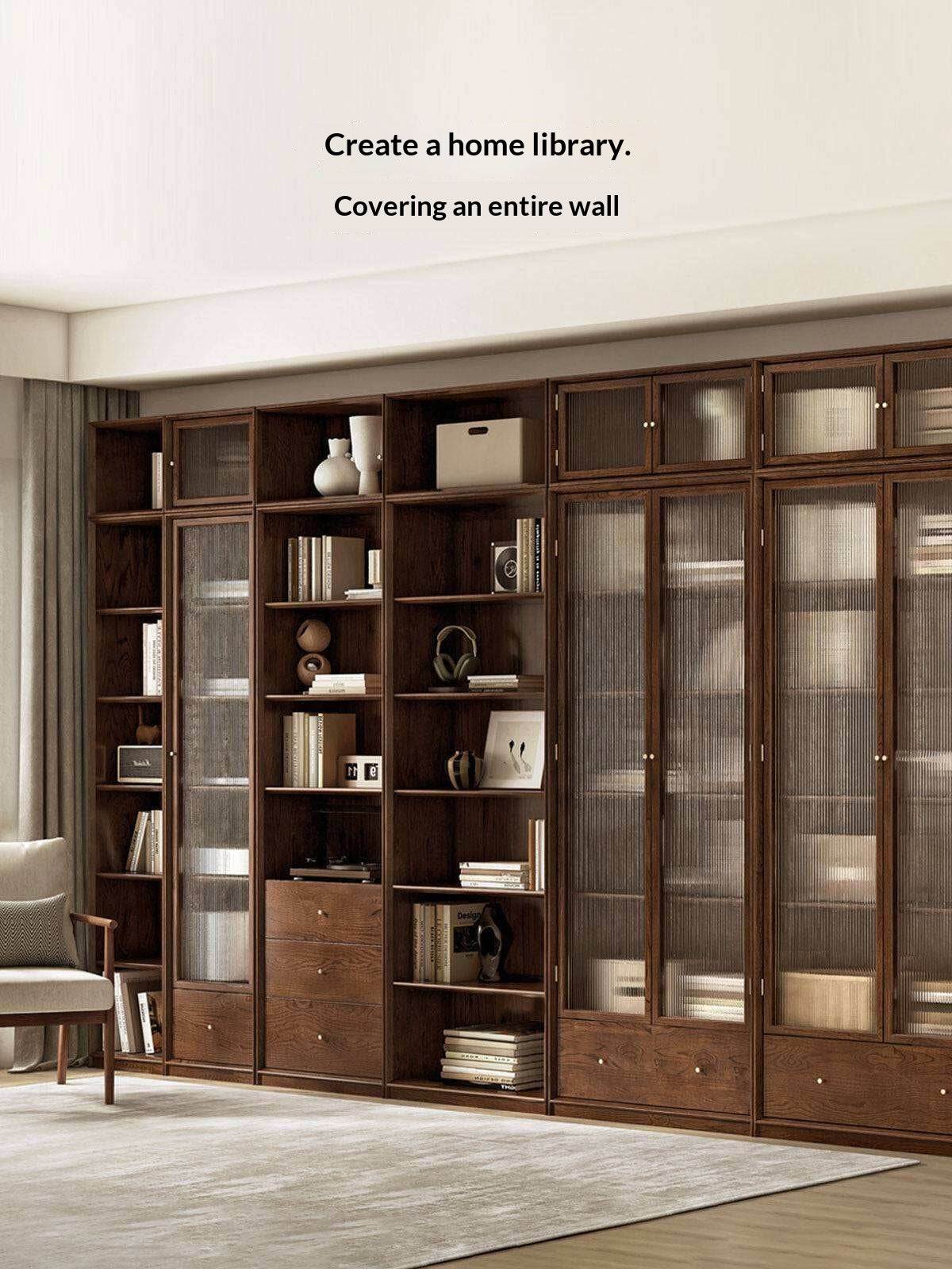 Oak Solid Wood Dust-Proof Glass Door Wall Floor-To-Ceiling Bookshelf
