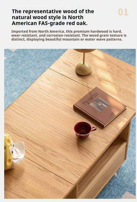 Oak Solid Wood Coffee Table with Foldable Design and Movable Base
