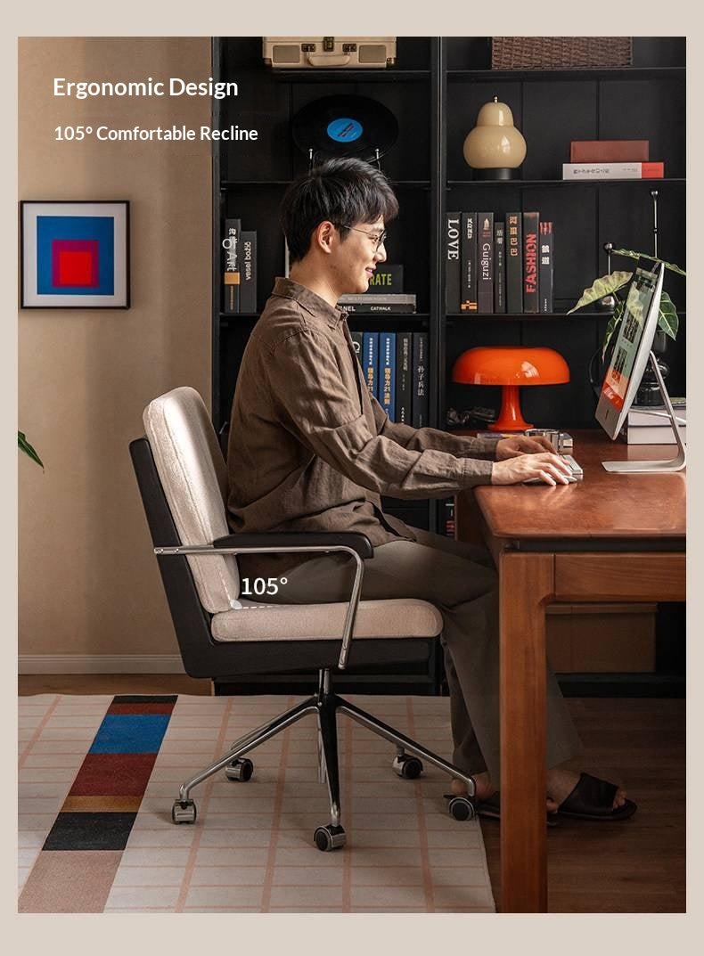 Oak Solid Wood Upholstered Swivel Office Chair with Adjustable Height, 360° Rotation, and Metal Base