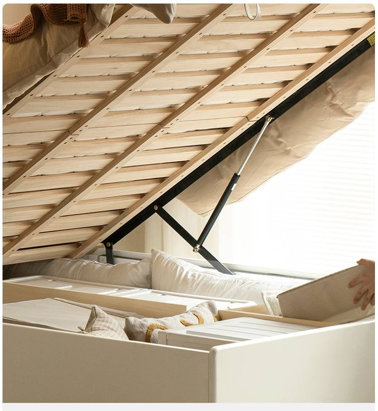 Rubberwood Solid Wood Platform Bed, Headboard-Free Box Bed Cream Style