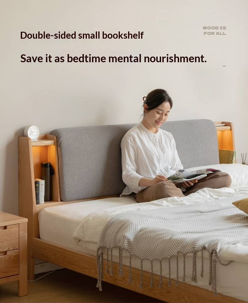 Oak Solid Wood Bed with Genuine Leather and Light Upholstery