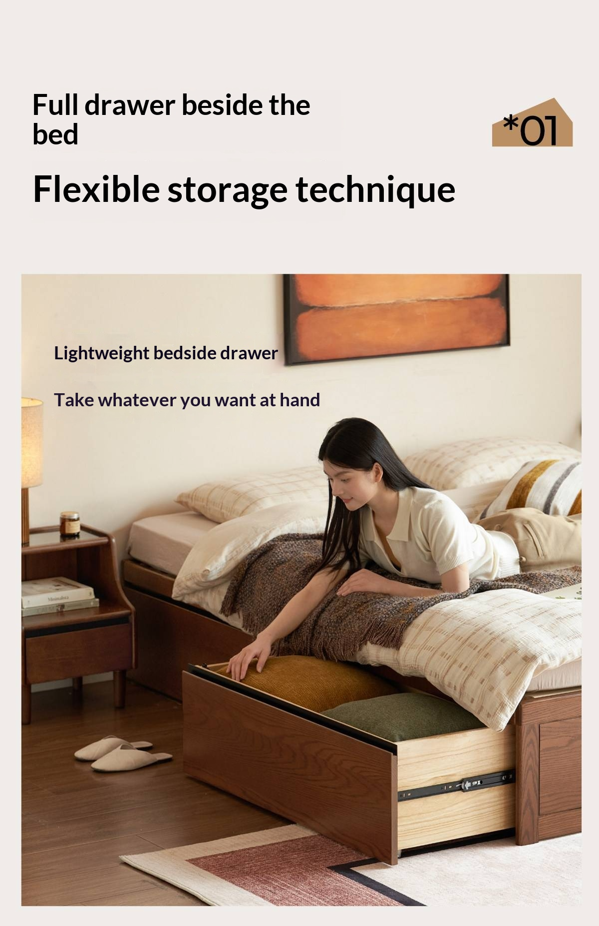 Oak Solid Wood Storage Platform Bed with Drawers, Walnut Color
