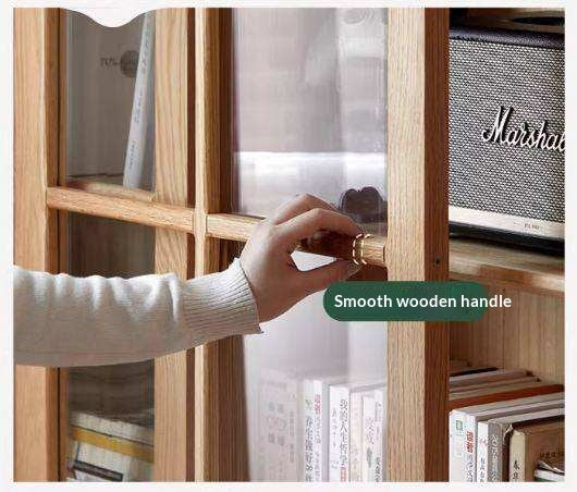 Ash Solid Wood Bookcase with Sliding Doors and Floor-to-Wall Glass Display Cabinet