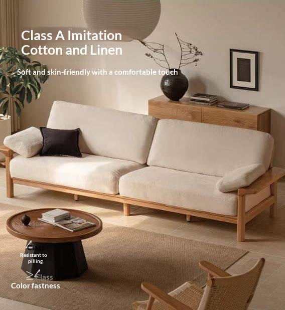 Oak, Ash Solid Wood Wabi Sabi Style Genuine Leather Sofa, fabric sofa