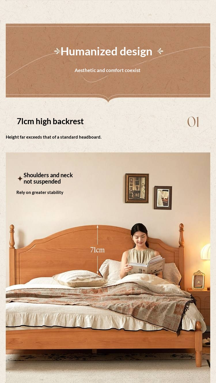 Birch Solid Wood Bed — French Retro Style, Large Slab Design, Mid-Range Style