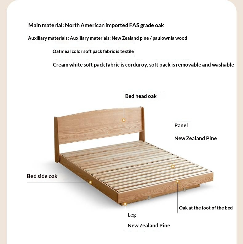 Oak Solid Wood with Upholstered Headboard Luminous Box Bed Cream Style