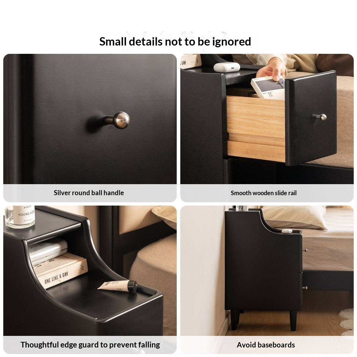 Solid RubberWood Ultra-Narrow Nightstand Storage Cabinet