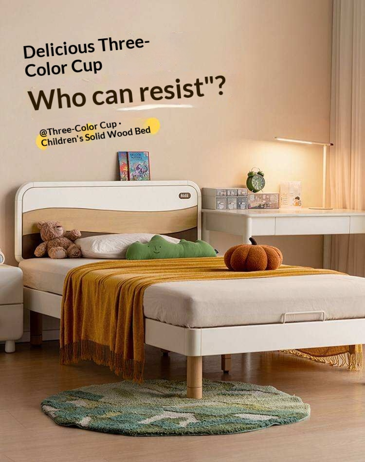 Rubberwood Solid Wood Kids Montessori Platform Bed with Adjustable Headboard, Warm White