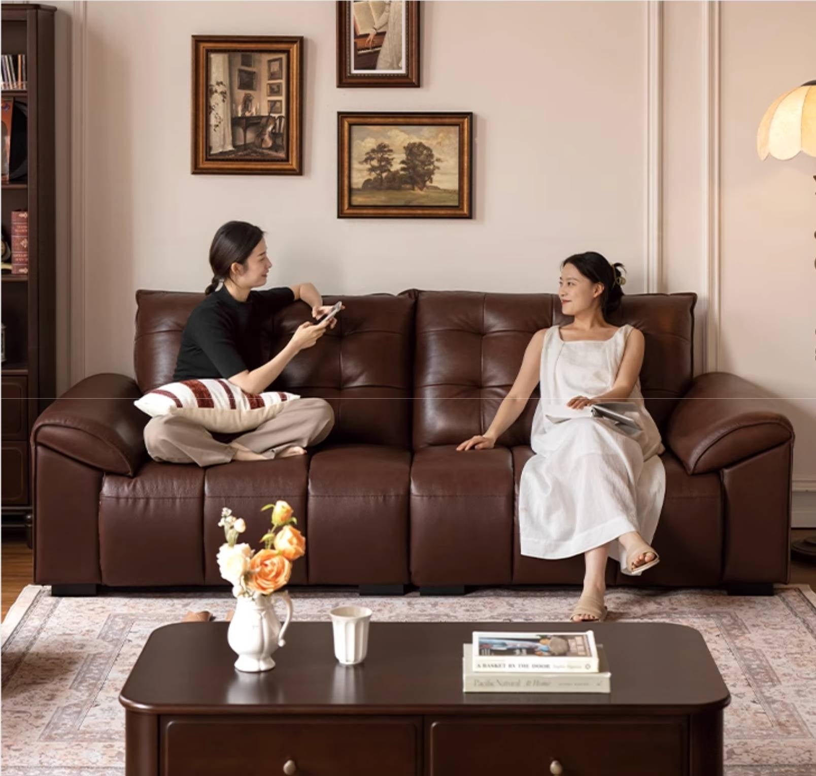 Genuine Leather American Retro High-Back Sofa with Checkerboard Black Bear Pattern