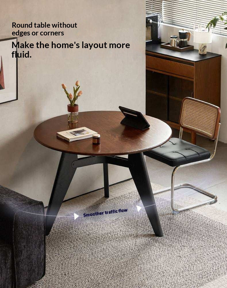 Oak Solid Wood Round Dining Table with Walnut-Stained Base