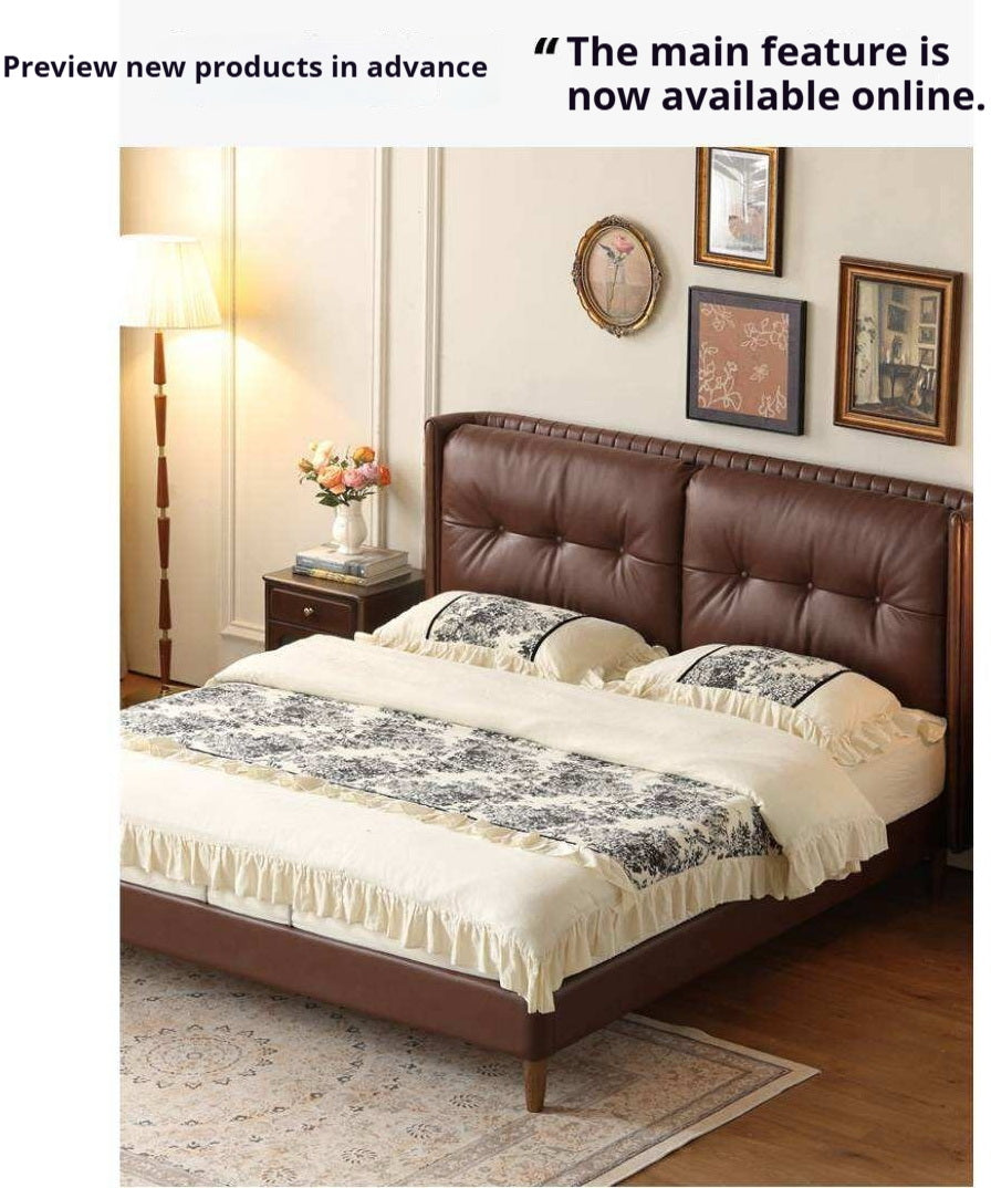 Ash solid wood Genuine Leather Tufted Wingback Bed with Extra Tall Headboard