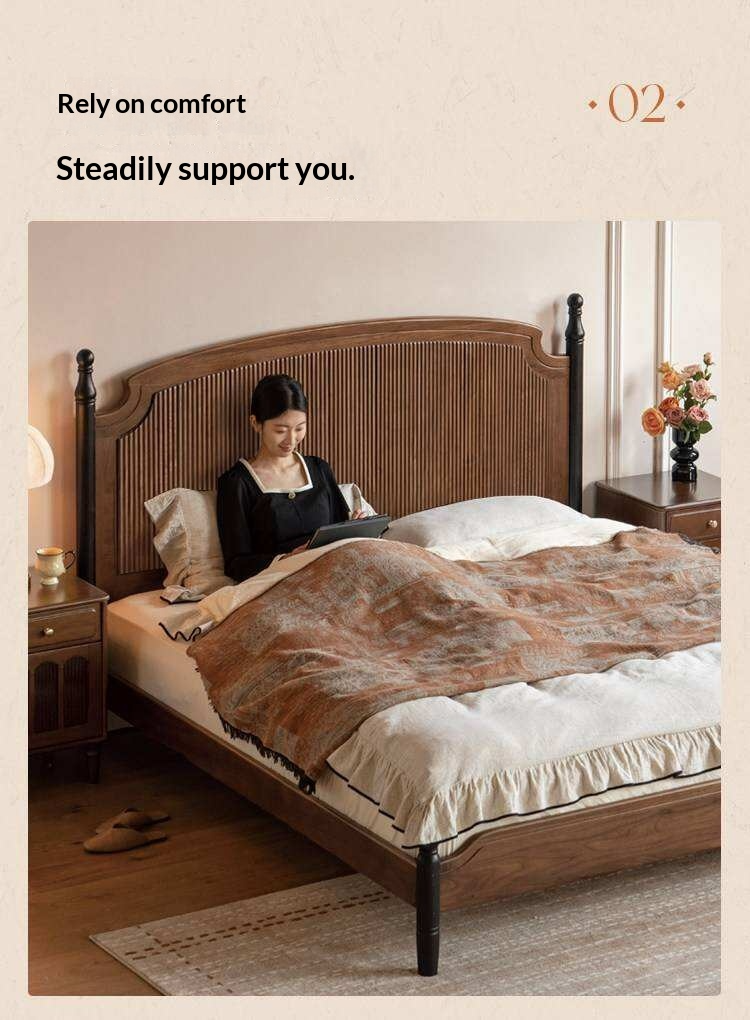 Black Walnut Solid Wood Bed with Reeded Arched Headboard and Turned Corner Posts