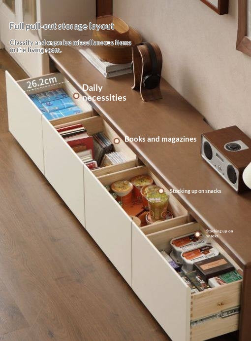 Solid RubberWood TV Console with Two-Tone Color Block Design and Full Pull-Out Drawers