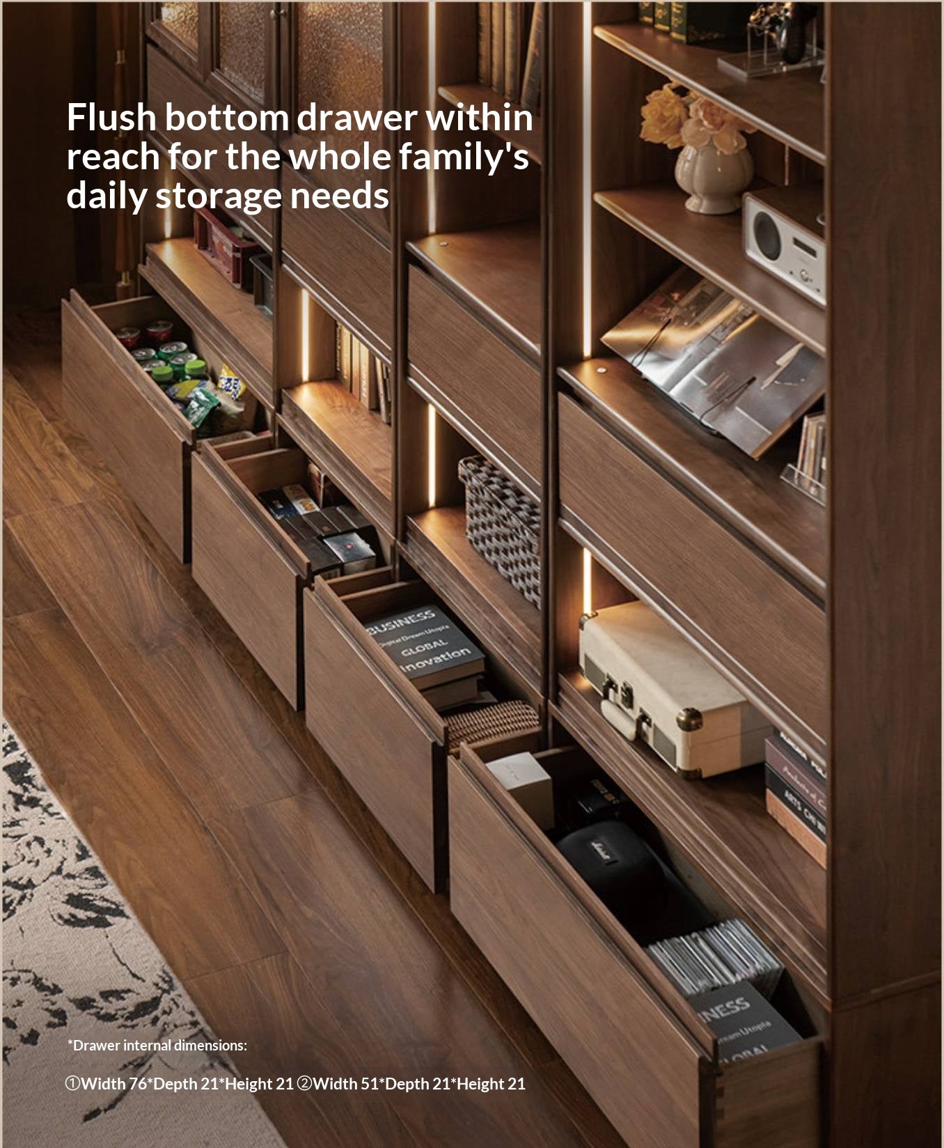 Black Walnut, Solid Sandalwood Arched Vintage Bookcase with Glass Door and Storage Drawer