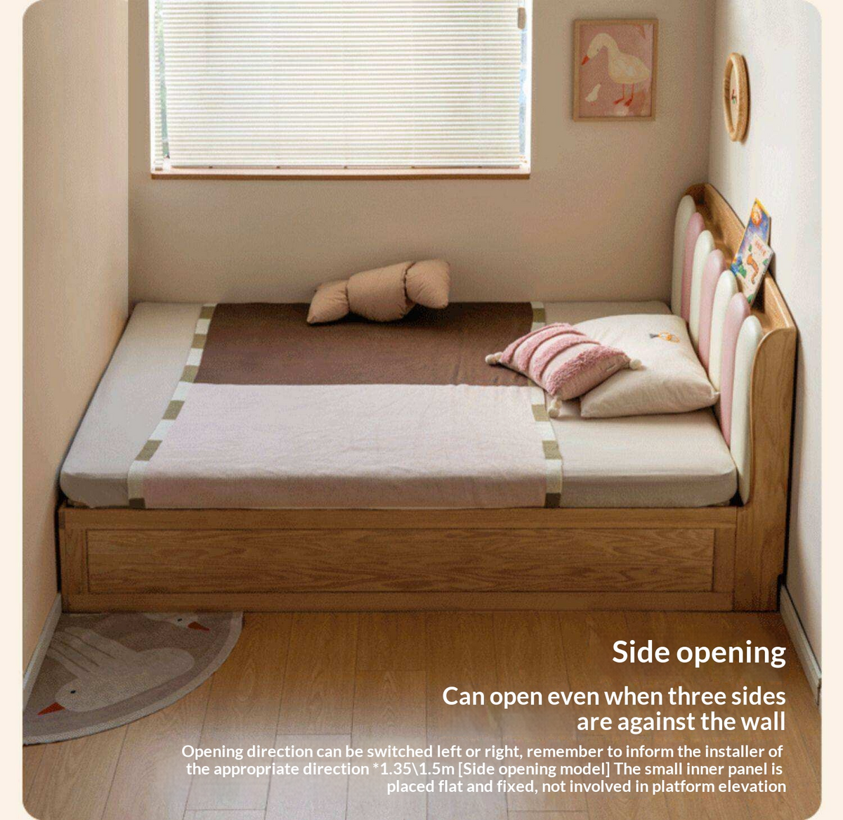 Oak Solid Wood Kids Bed with Adjustable Channel-Tufted Headboard and Gas-Lift Storage