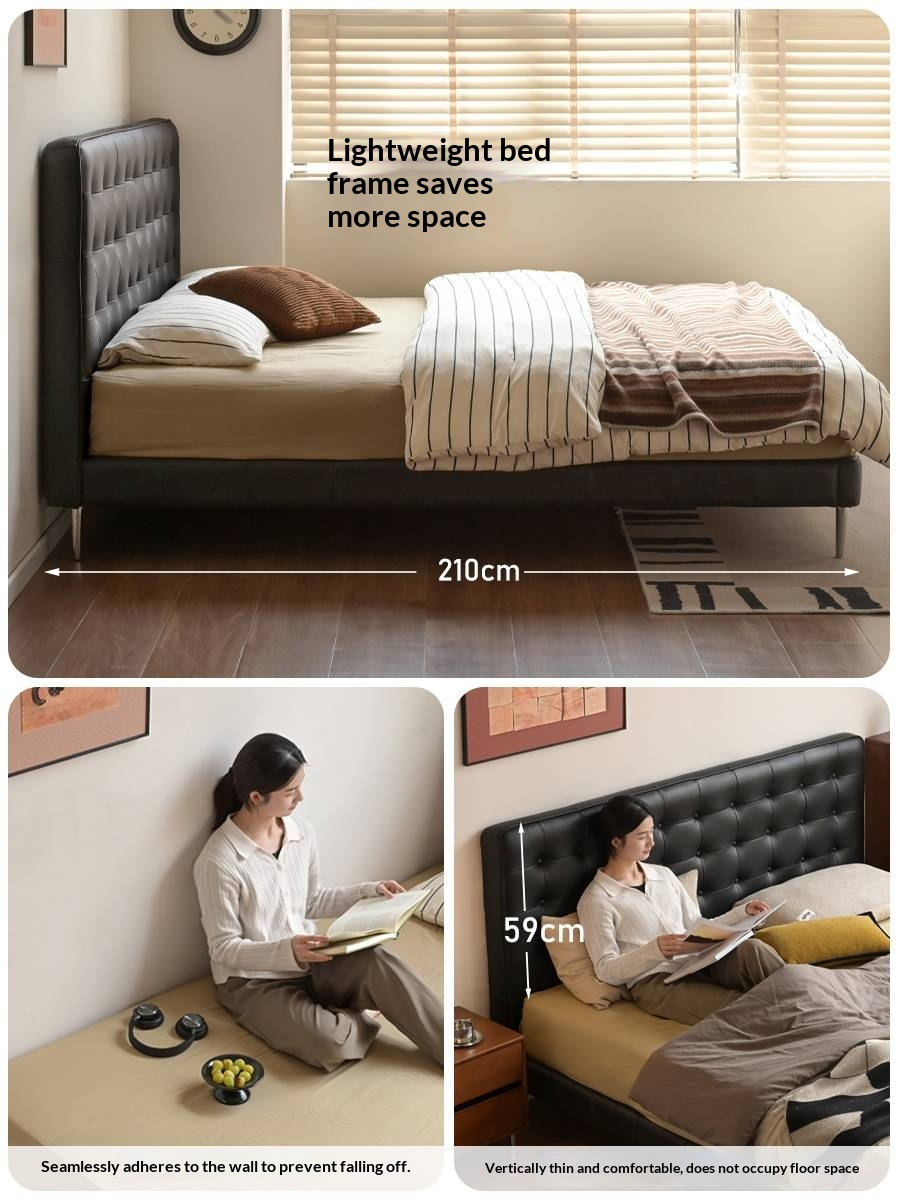 Genuine Leather Bed — Italian Light Luxury, Bauhaus Edge Design, Black Finish