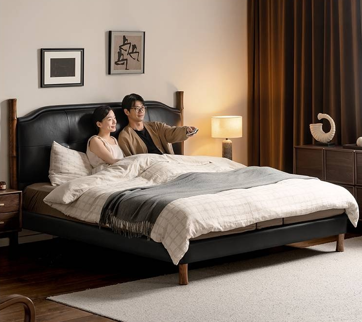 Genuine Leather Soft Headboard Bed