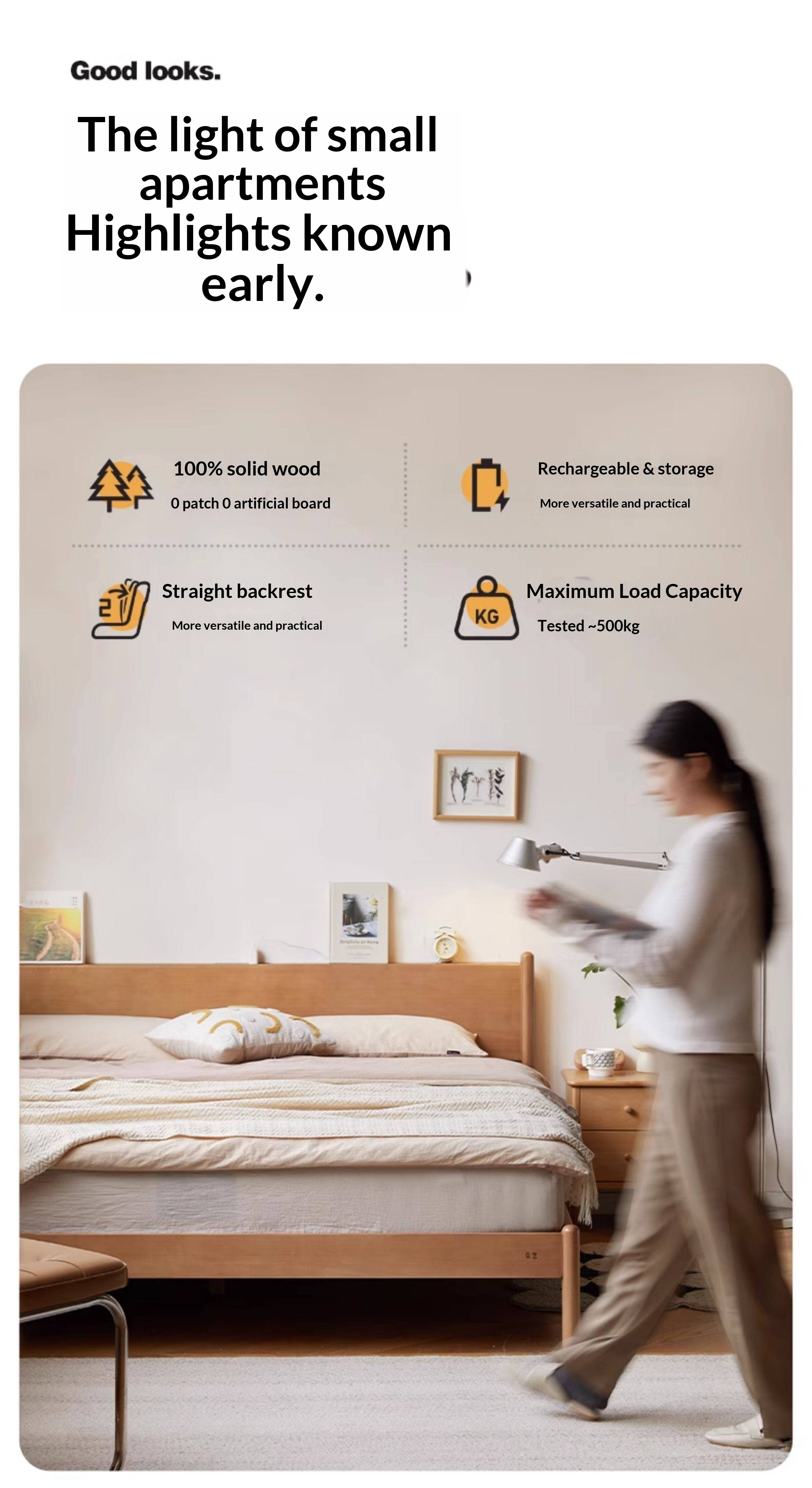 Poplar Solid Wood Bed — Modern Minimalist Style