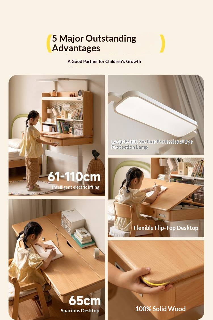 Beech Solid Wood Children's Study Desk with Electric Lift