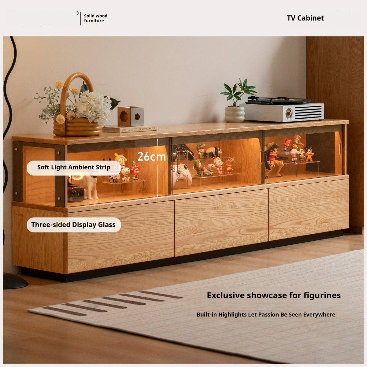 Oak Solid Wood TV Console with Illuminated Glass Display Case and Drawer Storage