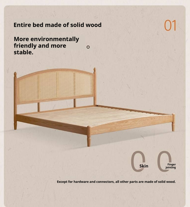 Oak Solid Wood Bed — Light Retro Style with Rattan Design